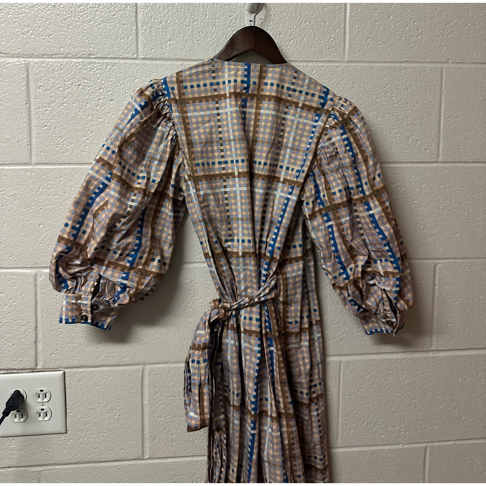 GANNI Checked Cotton-poplin Wrap Midi Dress Size 38 Medium 6 - Picture 8 of 13